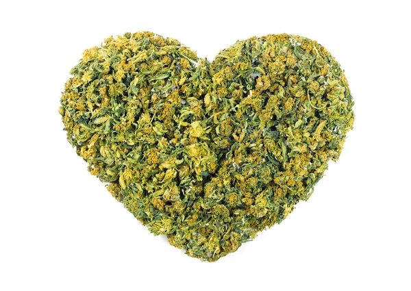 Marihuana Blüten Herzform Isoliert Auf Weißem Hintergrund — Stockfoto