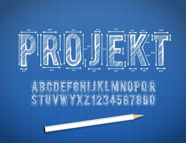 Blaue Druckskizze Schriftart Vektorformat — Stockvektor