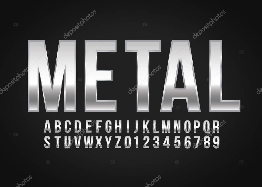 Font alphabet number Metal effect in vector format
