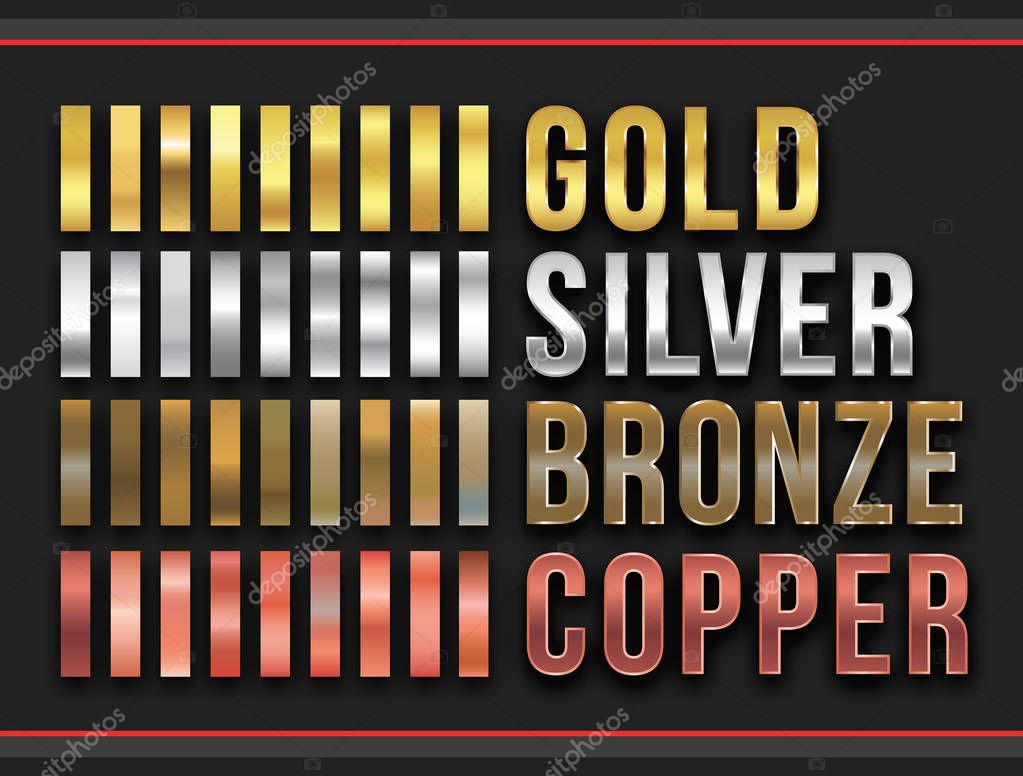 Set of Gold Silver Bronze Copper Gradient effect in vector format