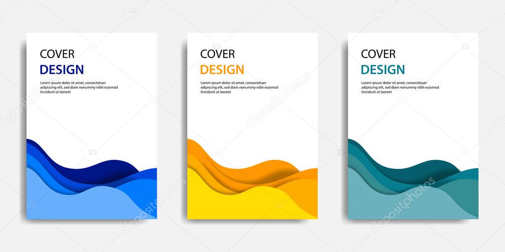 Vector illustration, document mock up template, easy color adjustment. Paper cut topographic style in Blue Yellow Green color wave layering. Suitable for book cover, annual report, flyer, poster, brochure.