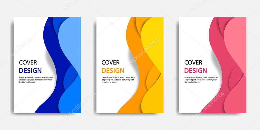 Vector illustration, document mock up template, easy color adjustment. Paper cut topographic style in Blue Yellow Red color wave layering. Suitable for book cover, annual report, flyer, poster, brochure.