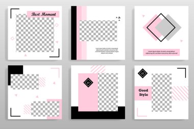 Sosyal medya mesaj için düzenlenebilir kare soyut geometrik banner şablon. Beyaz arka planda siyah ve pembe çerçeve. Minimal tasarım arka plan vektör çizim
