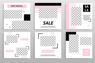 Sosyal medya mesaj için düzenlenebilir kare soyut geometrik banner şablon. Beyaz arka planda siyah ve pembe çerçeve. Minimal tasarım arka plan vektör çizim