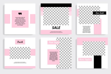Sosyal medya mesaj için düzenlenebilir kare soyut geometrik banner şablon. Beyaz arka planda siyah ve pembe çerçeve. Minimal tasarım arka plan vektör çizim