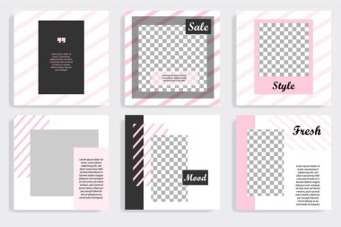 Sosyal medya mesaj için düzenlenebilir kare soyut geometrik banner şablon. Beyaz arka planda siyah ve pembe çerçeve. Minimal tasarım arka plan vektör çizim