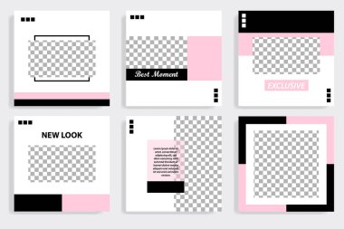 Sosyal medya mesaj için düzenlenebilir kare soyut geometrik banner şablon. Beyaz arka planda siyah ve pembe çerçeve. Minimal tasarım arka plan vektör çizim