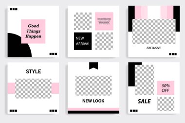 Sosyal medya mesaj için düzenlenebilir kare soyut geometrik banner şablon. Beyaz arka planda siyah ve pembe çerçeve. Minimal tasarım arka plan vektör çizim