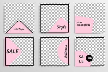 Sosyal medya mesaj için düzenlenebilir kare soyut geometrik banner şablon. Beyaz arka planda siyah ve pembe çerçeve. Minimal tasarım arka plan vektör çizim