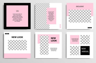 Sosyal medya mesaj için düzenlenebilir kare soyut geometrik banner şablon. Beyaz arka planda siyah ve pembe çerçeve. Minimal tasarım arka plan vektör çizim