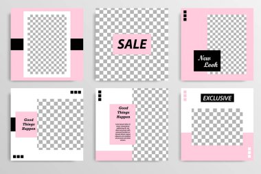 Sosyal medya mesaj için düzenlenebilir kare soyut geometrik banner şablon. Beyaz arka planda siyah ve pembe çerçeve. Minimal tasarım arka plan vektör çizim