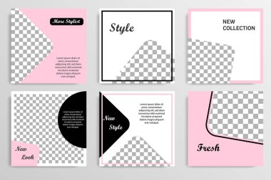 Sosyal medya mesaj için düzenlenebilir kare soyut geometrik banner şablon. Beyaz arka planda siyah ve pembe çerçeve. Minimal tasarım arka plan vektör çizim