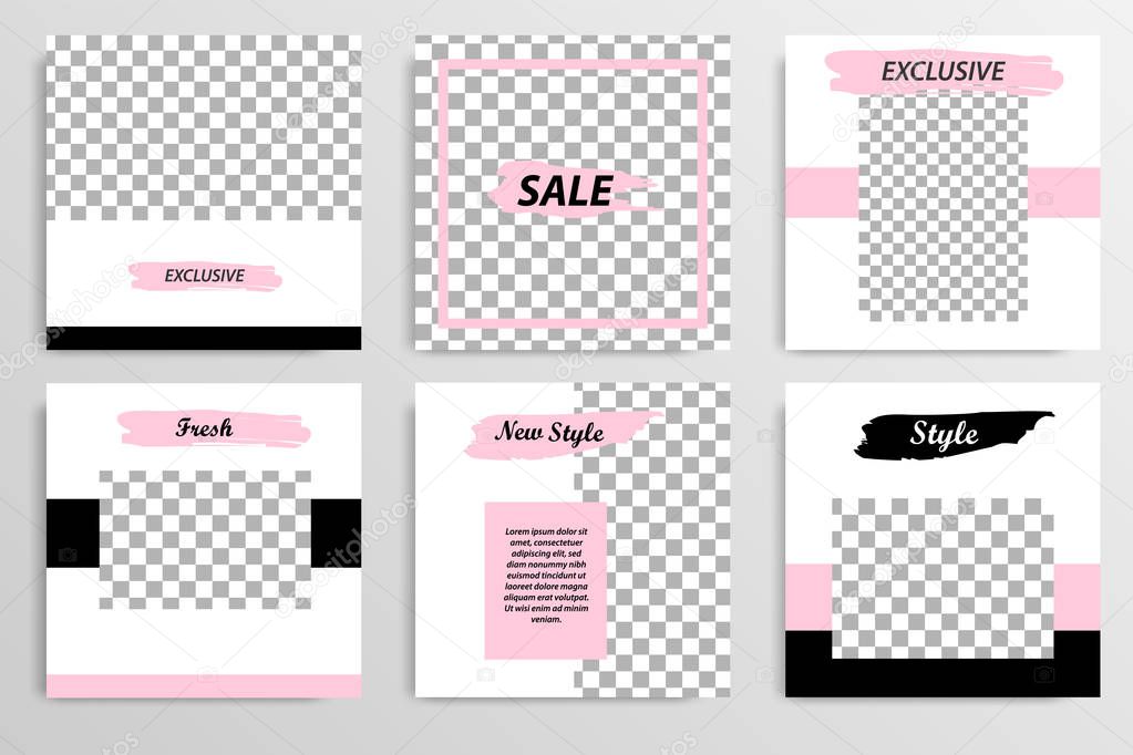 Editable square abstract geometric banner template for social media post. Black and pink frame in the white background. Minimal design background vector illustration