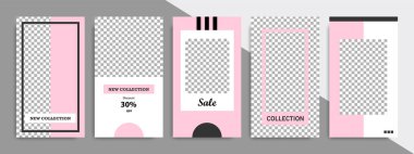 Modern çok az kare şerit çizgi şekli şablon çerçeve ile pembe, siyah ve beyaz renkte. Sosyal medya hikayeler, hikaye, iş afiş, el ilanı ve broşür için kurumsal reklam şablon.