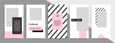 Modern çok az kare şerit çizgi şekli şablon çerçeve ile pembe, siyah ve beyaz renkte. Sosyal medya hikayeler, hikaye, iş afiş, el ilanı ve broşür için kurumsal reklam şablon.