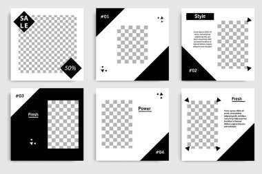 Düzenlenebilir en küçük kare pankart şablonu. Siyah ve beyaz arkaplan rengi. Sosyal medya ve internet reklamları için uygun. Fotoğraf okuluyla vektör illüstrasyonu.