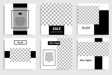 Düzenlenebilir en küçük kare pankart şablonu. Siyah ve beyaz arkaplan rengi. Sosyal medya ve internet reklamları için uygun. Fotoğraf okuluyla vektör illüstrasyonu.