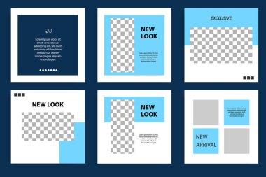 Düzenlenebilir kare Memphis geometrik şekil afiş şablon. Minimalist tasarım arka plan koyu ve açık mavi renkli. Vektör çizim. Sosyal medya mesaj ve kapak, hikayeler, hikaye, el ilanı ve broşür için uygundur..