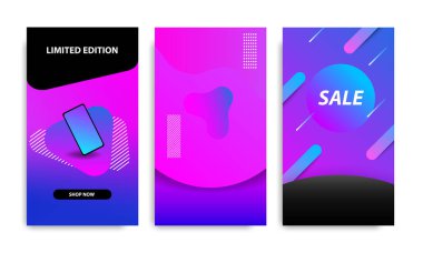 Dikey modern futuristik arka planda çerçeve şablonu degrade mavi, pembe, mor geçiş ile. Sosyal medya hikayeler, hikaye, web afiş, Genişletilebilir afiş, el ilanı ve broşür için uygundur..