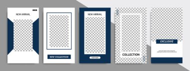 Minimalist koyu mavi çivit geometrik şekil afiş şablon arka plan kümesi. Sosyal medya hikayeler, hikaye, ürün kataloğu, Genişletilebilir için uygundur ve rulo dikey afiş, el ilanı ve broşür.