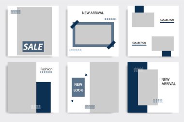 Düzenlenebilir kare Memphis geometrik banner şablon. Minimalist tasarım arka planda koyu mavi çivit renk. Vektör çizim. Sosyal medya mesaj ve kapak, web Internet broşür için uygun.