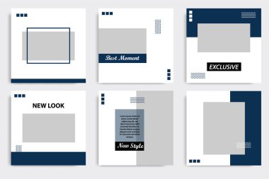 Düzenlenebilir kare Memphis geometrik banner şablon. Minimalist tasarım arka planda koyu mavi çivit renk. Vektör çizim. Sosyal medya mesaj ve kapak, web Internet broşür için uygun.