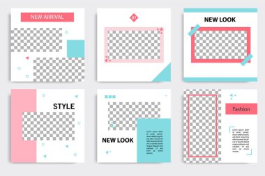 Beyaz, kırmızı, pembe, turkuaz mavi arka plan yazı şablonda düzenlenebilir sosyal medya kümesi. Memphis üçgen kare desen kullanma