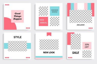 Beyaz, kırmızı, pembe, turkuaz mavi arka planda başlık ve kapak şablonu sonrası en az düzenlenebilir sosyal medya kümesi. Vektör çizim.