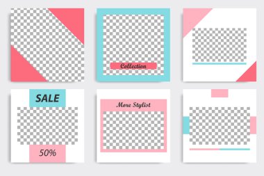 Beyaz, kırmızı, pembe, turkuaz mavi arka planda başlık ve kapak şablonu sonrası en az düzenlenebilir sosyal medya kümesi. Vektör çizim.