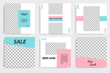 Beyaz, kırmızı, pembe, turkuaz mavi arka planda başlık ve kapak şablonu sonrası en az düzenlenebilir sosyal medya kümesi. Vektör çizim.