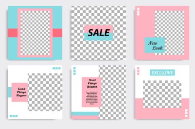 Beyaz, kırmızı, pembe, turkuaz mavi arka planda başlık ve kapak şablonu sonrası en az düzenlenebilir sosyal medya kümesi. Vektör çizim.