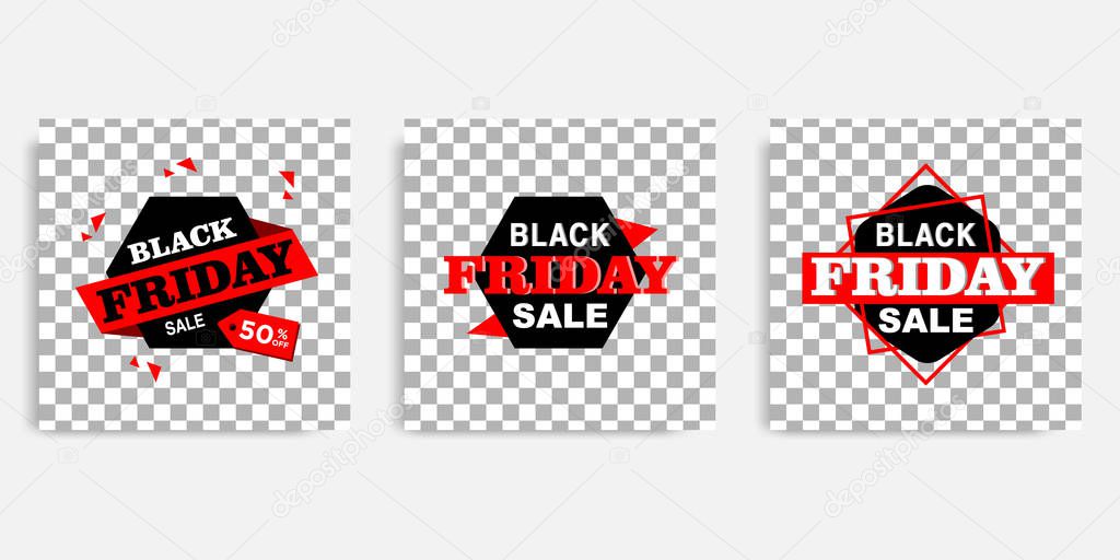 Black Friday sale promotion design background vector illustration in black red white frame color. Editable square abstract geometric shape banner template for social media post, stories, story, flyer.