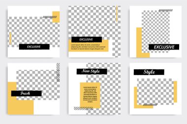 Altı, düzenlenebilir ayarla minimal modern tasarım afiş şablon. Siyah ve sarı arka plan rengi şerit çizgi ile. Sosyal medya mesaj ve web/internet reklamları için uygundur. Vektör çizim