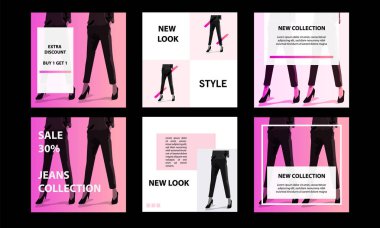 Altı kare modern futuristik banner şablon paketi. En az pembe canlı çift ton beyaz arka planda. Sosyal medya mesaj, internet web afiş, el ilanı, afiş ve katalogda kozmetik, güzellik için moda