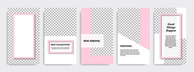 Modern çok az kare şerit çizgi şekli şablon çerçeve ile pembe ve beyaz renkte. Sosyal medya hikayeler, hikaye, iş afiş, el ilanı ve broşür için kurumsal reklam şablon.