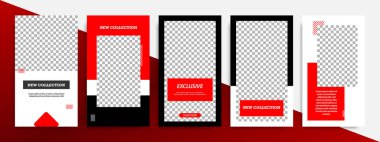 Modern çok az kare şerit çizgi şekli şablon çerçeve ile kırmızı, siyah ve beyaz renkte. Sosyal medya hikayeler, hikaye, iş afiş, el ilanı ve broşür için kurumsal reklam şablon.