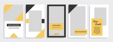 Modern çok az kare şerit çizgi şekli şablon çerçeve ile sarı, altın, siyah ve beyaz renkte. Sosyal medya hikayeler, hikaye, iş afiş, el ilanı ve broşür için kurumsal reklam şablon.