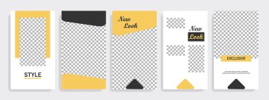 Modern çok az kare şerit çizgi şekli şablon çerçeve ile sarı, altın, siyah ve beyaz renkte. Sosyal medya hikayeler, hikaye, iş afiş, el ilanı ve broşür için kurumsal reklam şablon.