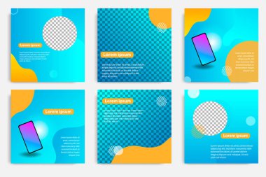 Altı set modern dalga sıvı arka plan degrade mavi ile şablon, mor, promosyon için turuncu derece renk. Sosyal medya sonrası, hikayeler, hikaye, İnternet Web afiş, Flyer, poster ve broşür için.