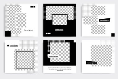 Düzenlenebilir en küçük kare pankart şablonu. Siyah ve beyaz arkaplan rengi. Sosyal medya ve internet reklamları için uygun. Fotoğraf okuluyla vektör illüstrasyonu