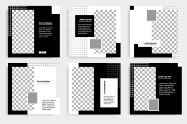 Düzenlenebilir en küçük kare pankart şablonu. Siyah ve beyaz arkaplan rengi. Sosyal medya ve internet reklamları için uygun. Fotoğraf okuluyla vektör illüstrasyonu
