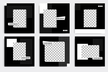 Düzenlenebilir en küçük kare pankart şablonu. Siyah ve beyaz arkaplan rengi. Sosyal medya ve internet reklamları için uygun. Fotoğraf okuluyla vektör illüstrasyonu