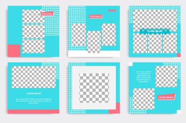 Sosyal medya paylaşımı için mavi, pembe ve beyaz çerçeve renginde düzenlenebilir kare geometrik afiş şablonu. Minimum tasarım arka plan vektör çizimi