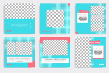 Sosyal medya paylaşımı için mavi, pembe ve beyaz çerçeve renginde düzenlenebilir kare geometrik afiş şablonu. Minimum tasarım arka plan vektör çizimi