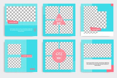 Sosyal medya paylaşımı için mavi, pembe ve beyaz çerçeve renginde düzenlenebilir kare geometrik afiş şablonu. Minimum tasarım arka plan vektör çizimi