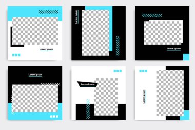 Düzenlenebilir kare geometrik pankart şablonu. Minimalist tasarım arka planı siyah ve mavi renkte. Vektör çizimi. Sosyal medya paylaşımı ve kapağı için uygun, İnternet, broşür.