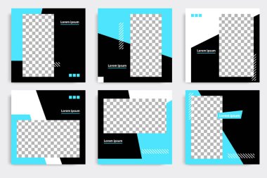 Düzenlenebilir kare geometrik pankart şablonu. Minimalist tasarım arka planı siyah ve mavi renkte. Vektör çizimi. Sosyal medya paylaşımı ve kapağı için uygun, İnternet, broşür.