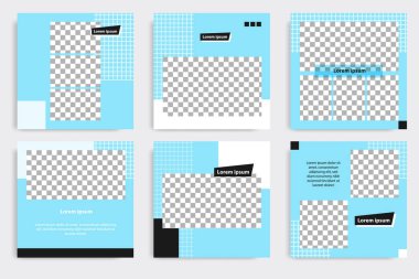 Düzenlenebilir kare geometrik pankart şablonu. Minimalist tasarım arka planı siyah ve mavi renkte. Vektör çizimi. Sosyal medya paylaşımı ve kapağı için uygun, İnternet, broşür.