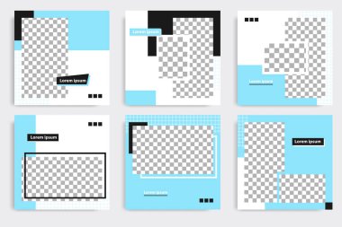 Düzenlenebilir kare geometrik pankart şablonu. Minimalist tasarım arka planı siyah ve mavi renkte. Vektör çizimi. Sosyal medya paylaşımı ve kapağı için uygun, İnternet, broşür.