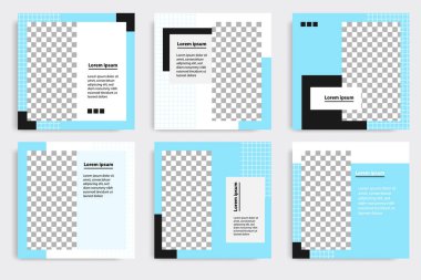 Düzenlenebilir kare geometrik pankart şablonu. Minimalist tasarım arka planı siyah ve mavi renkte. Vektör çizimi. Sosyal medya paylaşımı ve kapağı için uygun, İnternet, broşür.